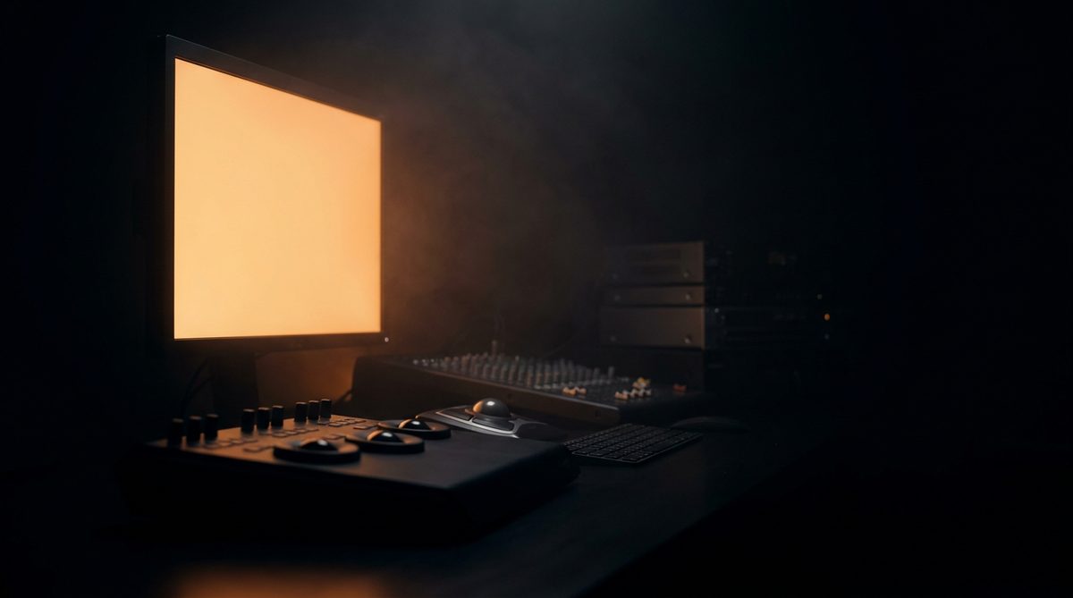 Symbolbild — Schneideraum bei Nacht: ein Monitor glüht amber in der Dunkelheit, der Rest liegt im Schatten. Dunkler YVision-Look.